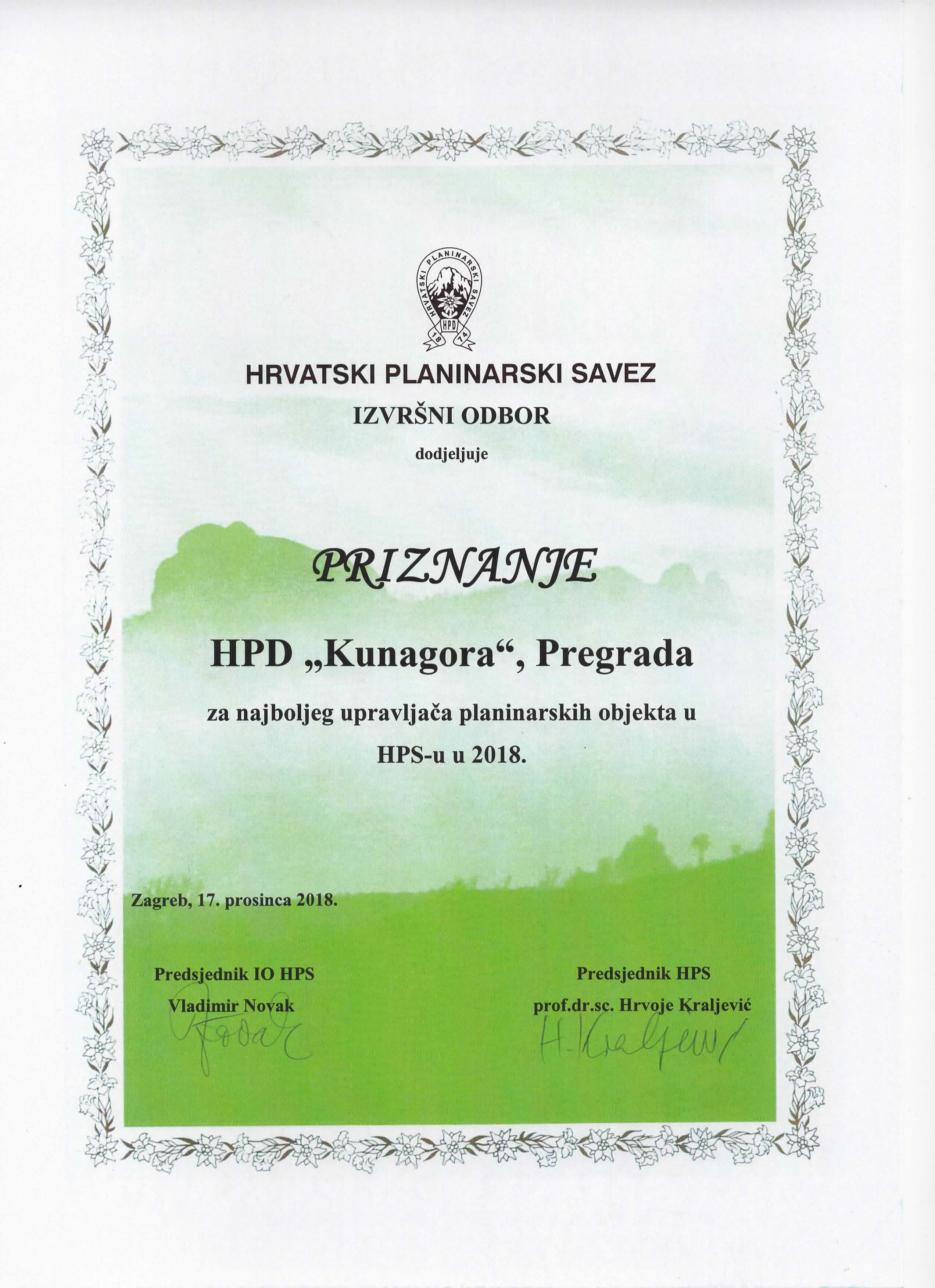 Priznanje za najboljeg upravljača planinarskim objektom 2018. goidne